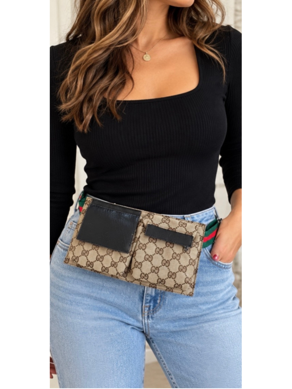 Designer Inspired Monogram Belt Bag Waist Bag Green Red Strap